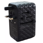 EQ 85W black universal power adapter with UK, EU, US, and AU plugs
