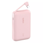 Pink Belkin 10K Power Bank with built-in USB-C cable