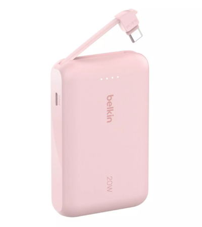 Pink Belkin 10K Power Bank with built-in USB-C cable