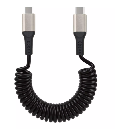 EQ 1.8m 100W USB-C to USB-C coiled spiral charging cable in black