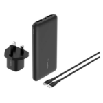 Belkin 10K Power Bank, 25W UK Wall Charger, and USB-C Cable in a travel pouch