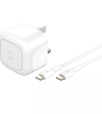 White Belkin 30W USB-C Wall Charger with 1m USB-C to USB-C Cable