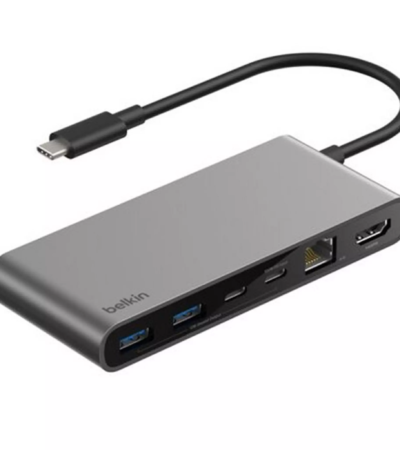 Silver Belkin 8-Port USB-C Hub showing 2.5G Ethernet and HDMI ports
