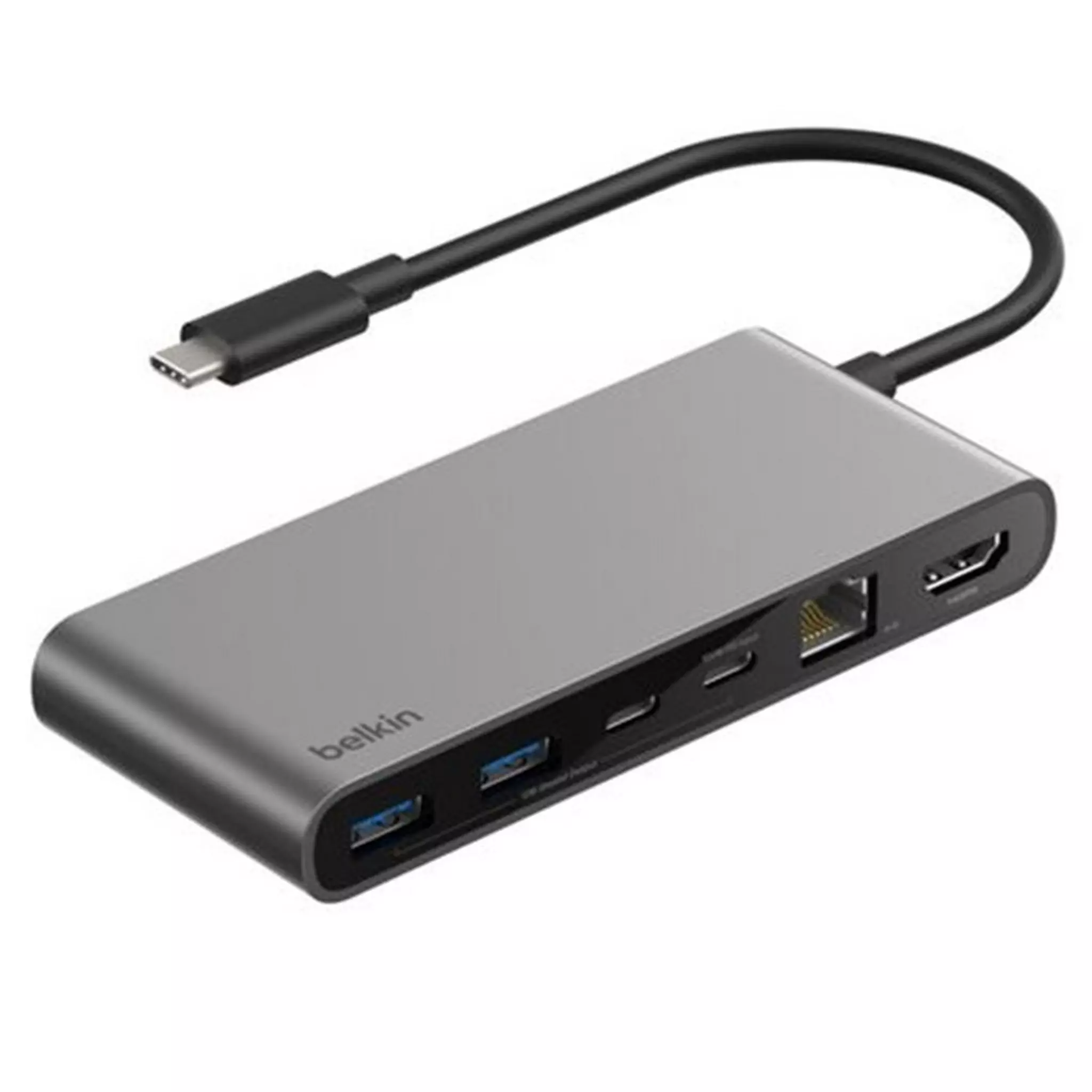 belkin-8-port-100w-usb-c-hub-silver-ethernet Silver Belkin 8-Port USB-C Hub showing 2.5G Ethernet and HDMI ports