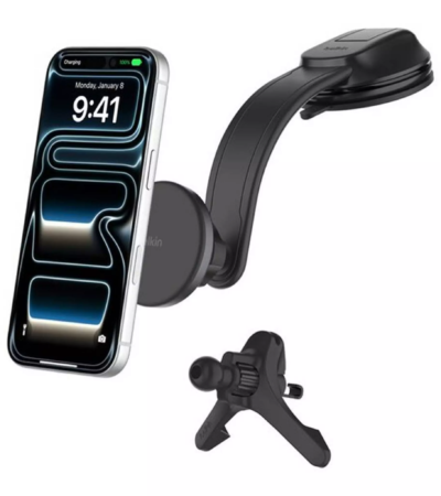 Belkin Magnetic Qi2 Car Charger mounted on a car dashboard with a black finish