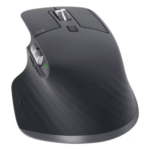 Logitech MX Master 3S wireless mouse in Graphite showing ergonomic thumb rest and scroll wheel.