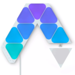 Nanoleaf Shapes Mini Triangles 9-pack starter kit mounted on a wall.