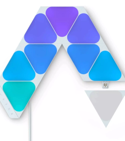 Nanoleaf Shapes Mini Triangles 9-pack starter kit mounted on a wall.
