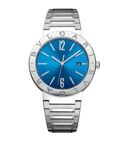 Bvlgari Bvlgari 41mm stainless steel watch with blue dial and engraved logo bezel