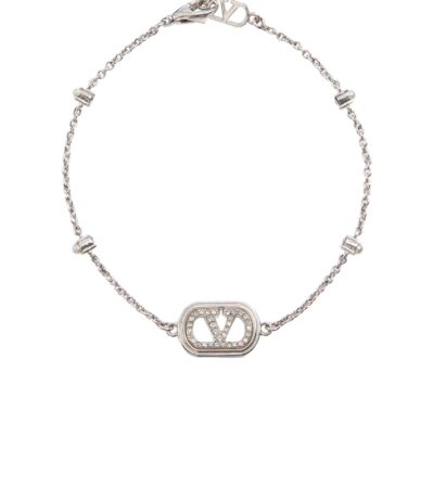 Valentino Garavani VLogo Signature bracelet with pearls and Swarovski crystals in rhodium-tone metal.