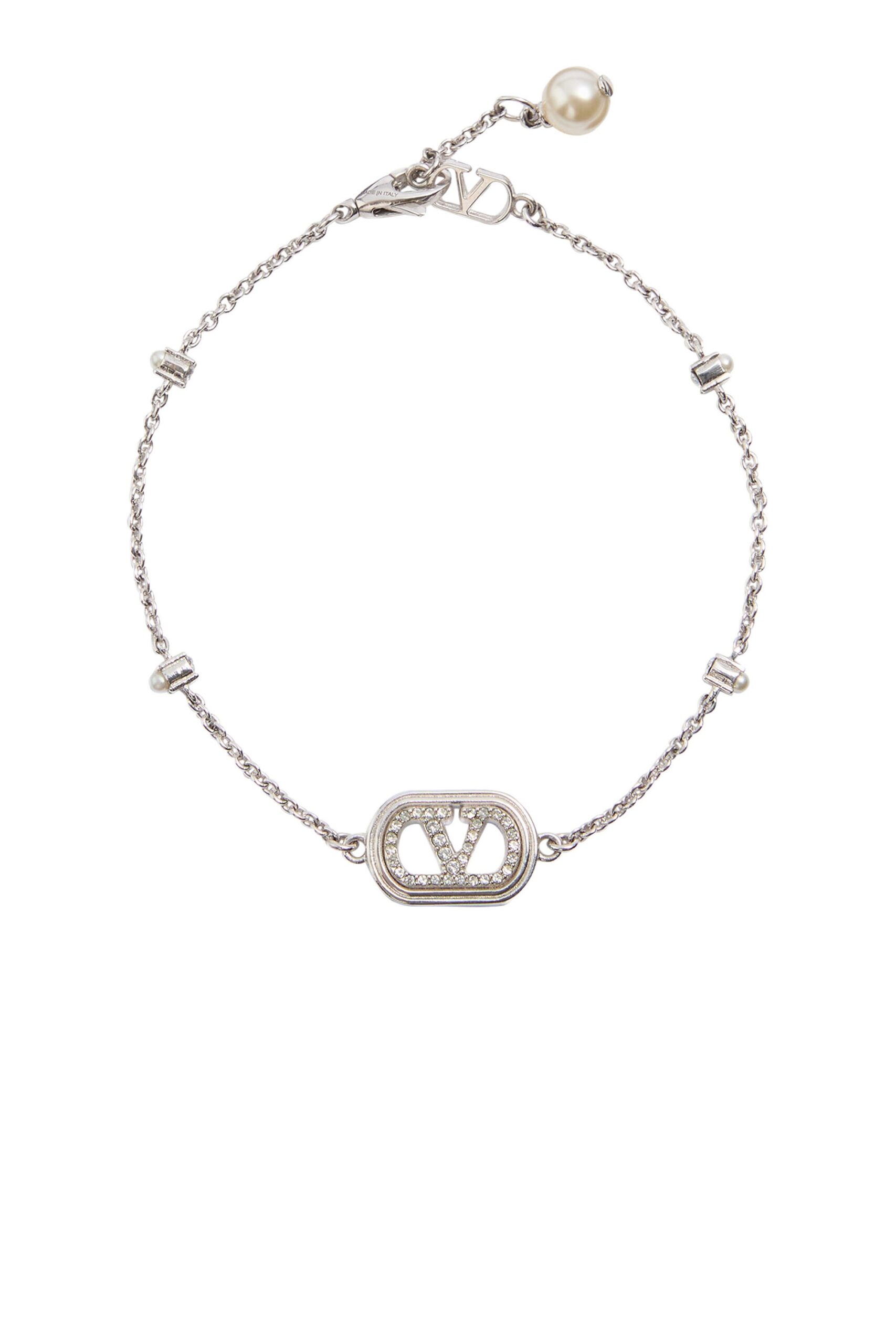 فالنتينو-غارافاني-شعار-لؤلؤ-كريستال-اسوارة-روديوم Valentino Garavani VLogo Signature bracelet with pearls and Swarovski crystals in rhodium-tone metal.