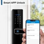 Smart Lock H03 installed on a modern door showing fingerprint scanner and keypad