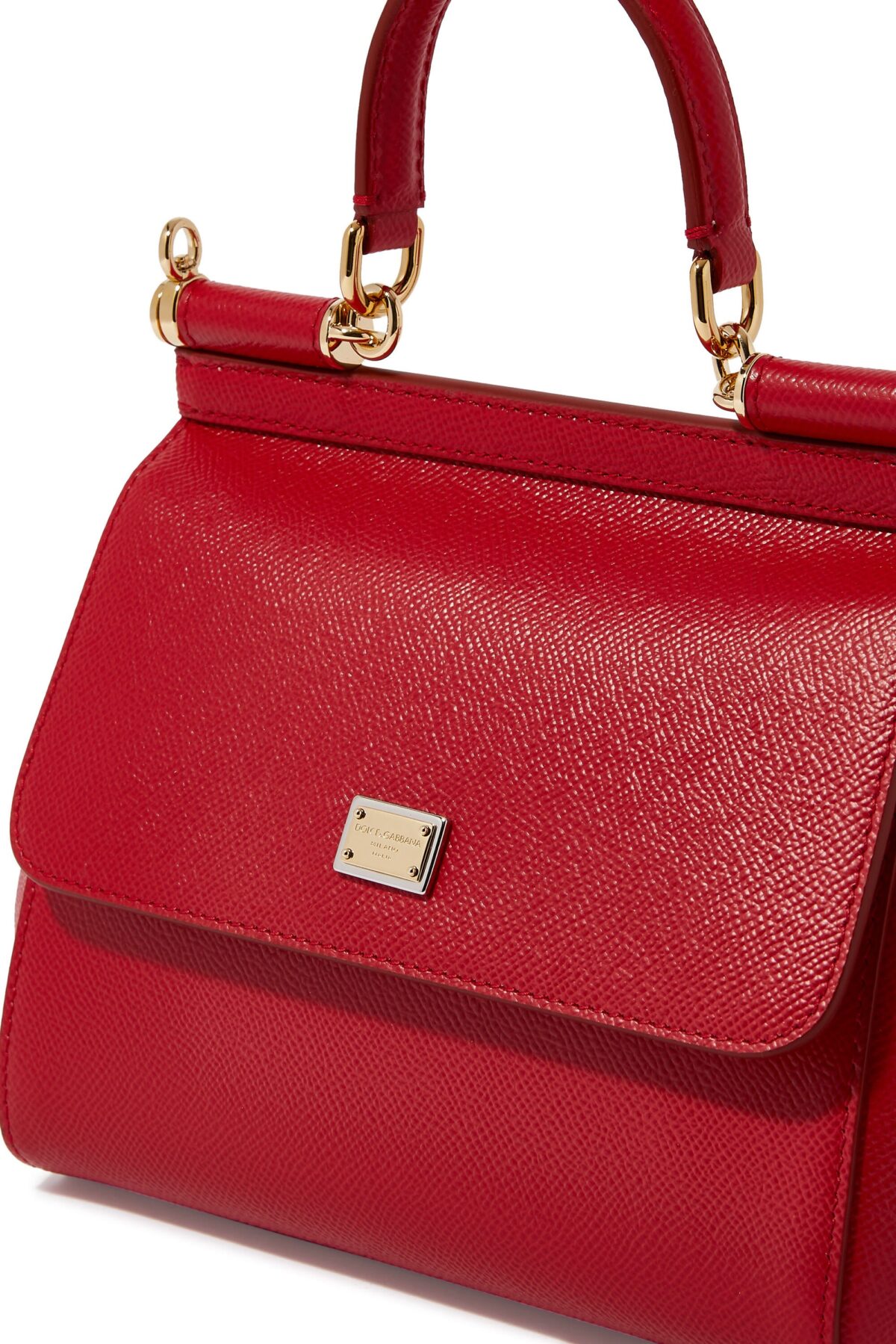 Small red Dolce & Gabbana Miss Sicily bag in textured Dauphine leather with gold hardware.