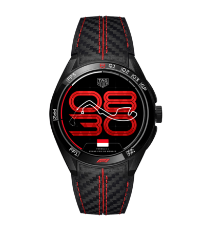 TAG Heuer Connected Calibre E5 Formula 1 watch with black leather strap and OLED display