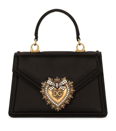 Small black satin Dolce & Gabbana Devotion bag with pearl-inlaid heart logo