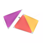 Three Nanoleaf triangular light panels glowing in different colors