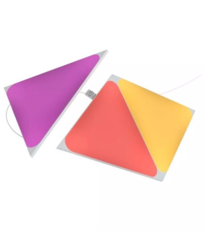 Three Nanoleaf triangular light panels glowing in different colors