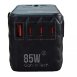 EQ 85W black universal power adapter with UK, EU, US, and AU plugs
