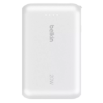White Belkin 10K Power Bank with built-in USB-C cable for fast charging