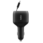 Black Belkin 75W 3-Port Car Charger with included USB-C/A cable