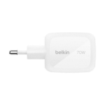 Belkin 70W 3-Port GaN Wall Charger in White with foldable pins
