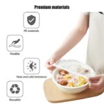 Clear elastic plastic food covers stretched over various kitchen bowls
