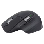 Logitech MX Master 3S wireless mouse in Graphite showing ergonomic thumb rest and scroll wheel.