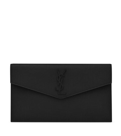 Front view of Saint Laurent Uptown Pouch in black Grain de Poudre leather with YSL logo