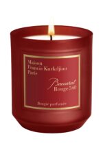The Maison Francis Kurkdjian Baccarat Rouge 540 candle in an elegant frosted red glass jar.