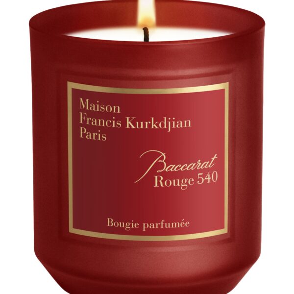 The Maison Francis Kurkdjian Baccarat Rouge 540 candle in an elegant frosted red glass jar.