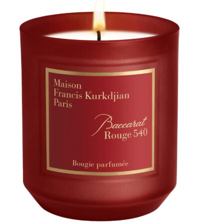 The Maison Francis Kurkdjian Baccarat Rouge 540 candle in an elegant frosted red glass jar.