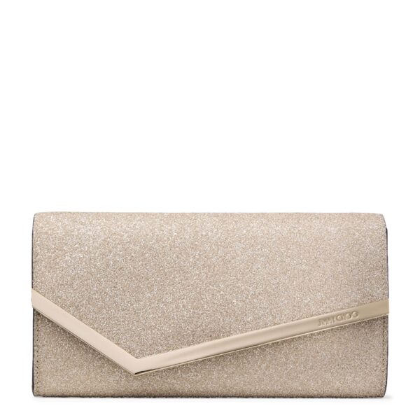 Jimmy Choo Emmie clutch in premium leather with signature hardware and chain