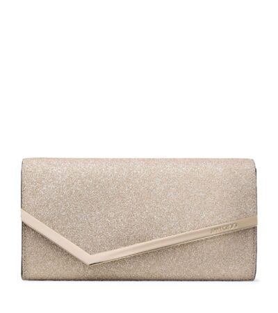 Jimmy Choo Emmie clutch in premium leather with signature hardware and chain