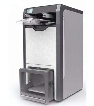 The Foldimate automatic clothes folding machine with neatly folded shirts.