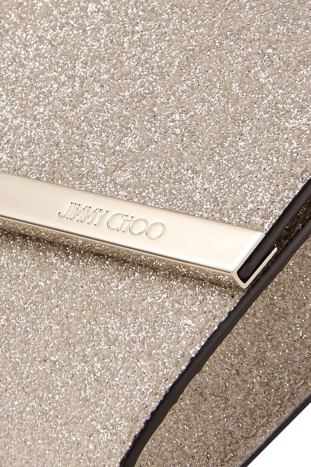 Jimmy Choo Emmie clutch in premium leather with signature hardware and chain