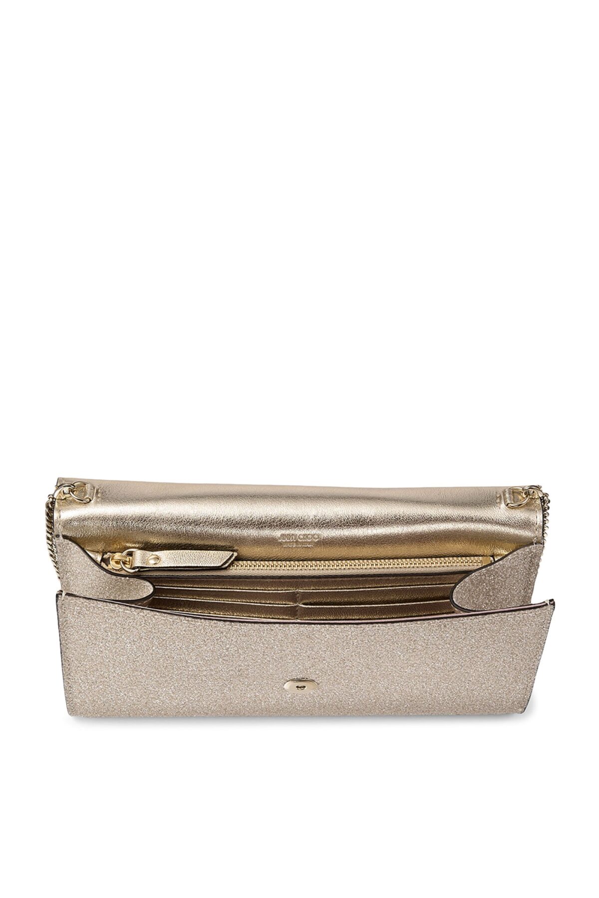 Jimmy Choo Emmie clutch in premium leather with signature hardware and chain