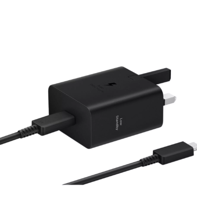 Black Samsung 45W USB-C wall charger with 1.8-meter USB-C to USB-C cable