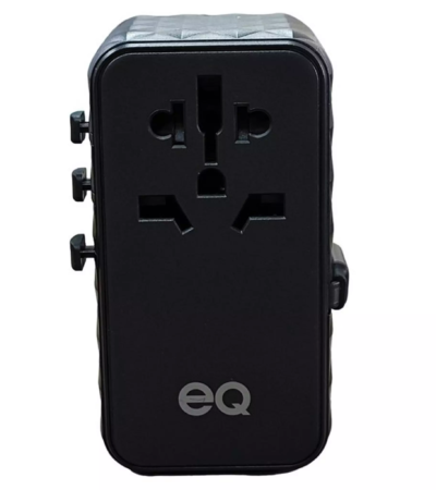 EQ 85W black universal power adapter with UK, EU, US, and AU plugs