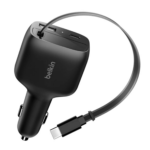 Black Belkin 75W 3-Port Car Charger with included USB-C/A cable