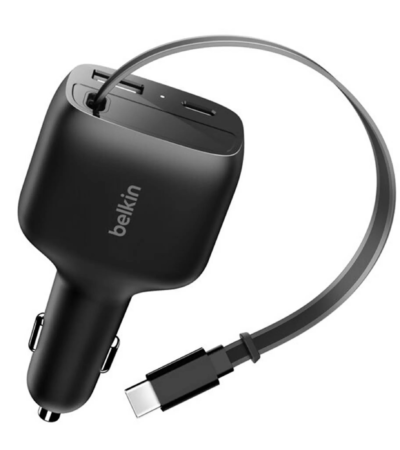 Black Belkin 75W 3-Port Car Charger with included USB-C/A cable