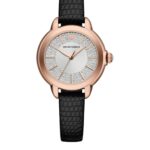 A close-up of Emporio Armani Mia 32mm watch with leather strap and stainless steel case