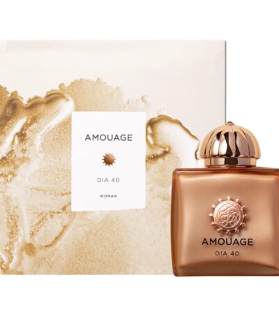 Elegant glass bottle of Amouage Dia Woman Eau de Parfum with a rose-gold cap.