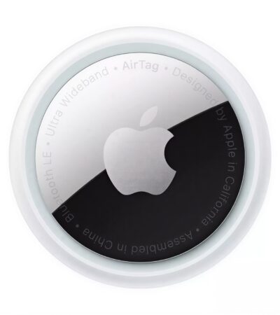 Single Apple AirTag tracker with polished stainless steel and white finish