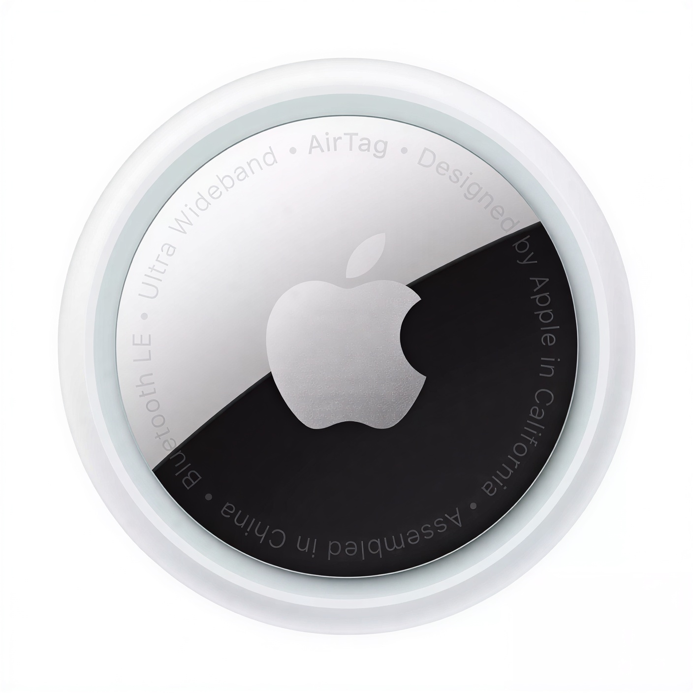apple-airtag-gen-2-white-1-pack Apple AirTag 2nd Gen smart tracker showing the polished stainless steel and white finish.