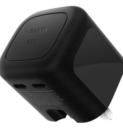 Black Belkin 67W Dual USB-C GaN Wall Charger showing two ports