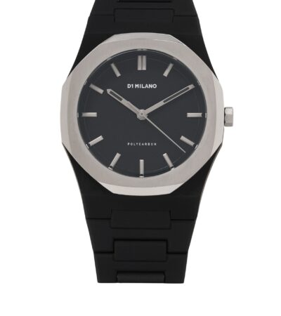 D1 Milano Polycarbon Moonglade watch with a black soft-touch case and silver steel bezel.