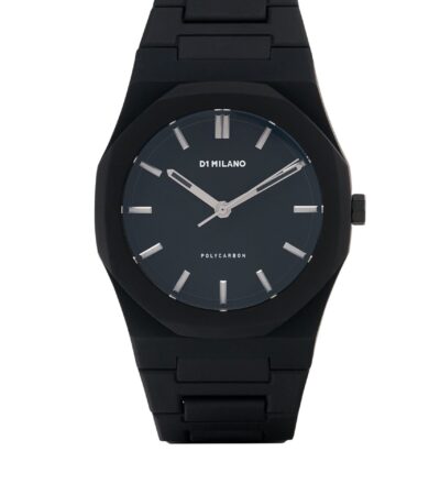 D1 Milano Polycarbon 40mm Moonglade watch with black strap and silver bezel.