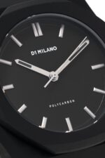 D1 Milano Polycarbon 40mm Moonglade watch with black strap and silver bezel.
