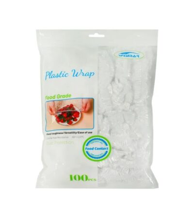 Clear elastic plastic food covers stretched over various kitchen bowls