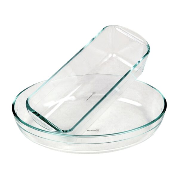 Two Chefline transparent glass loaf tins for baking bread and cakes.
